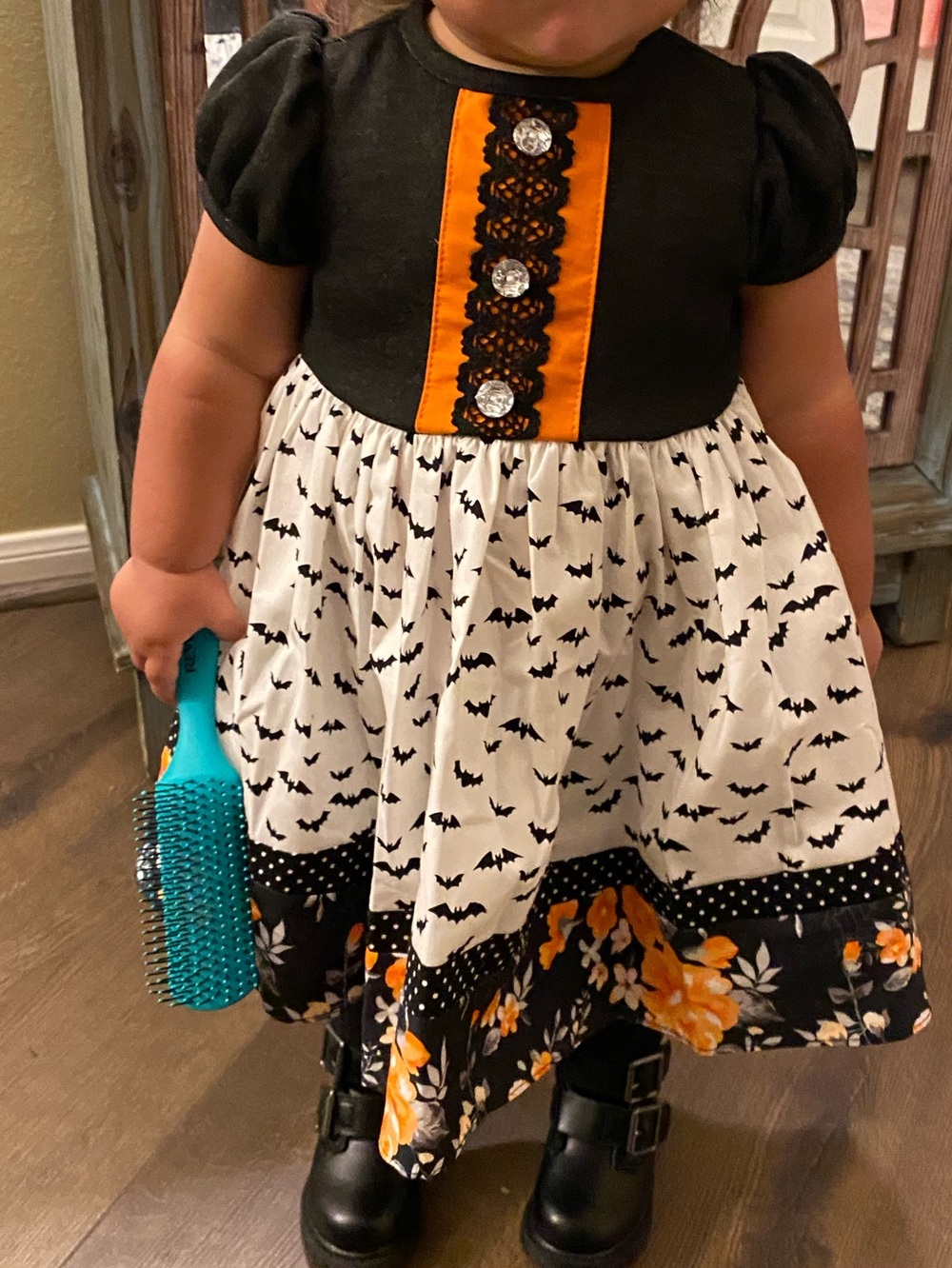 Ricrac & Ruffles - Girls Black & Orange Halloween Bat Print Costume Dress